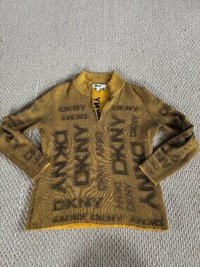 DKNY Yellow Pull over Ribbed Sweater Zip Large Logo